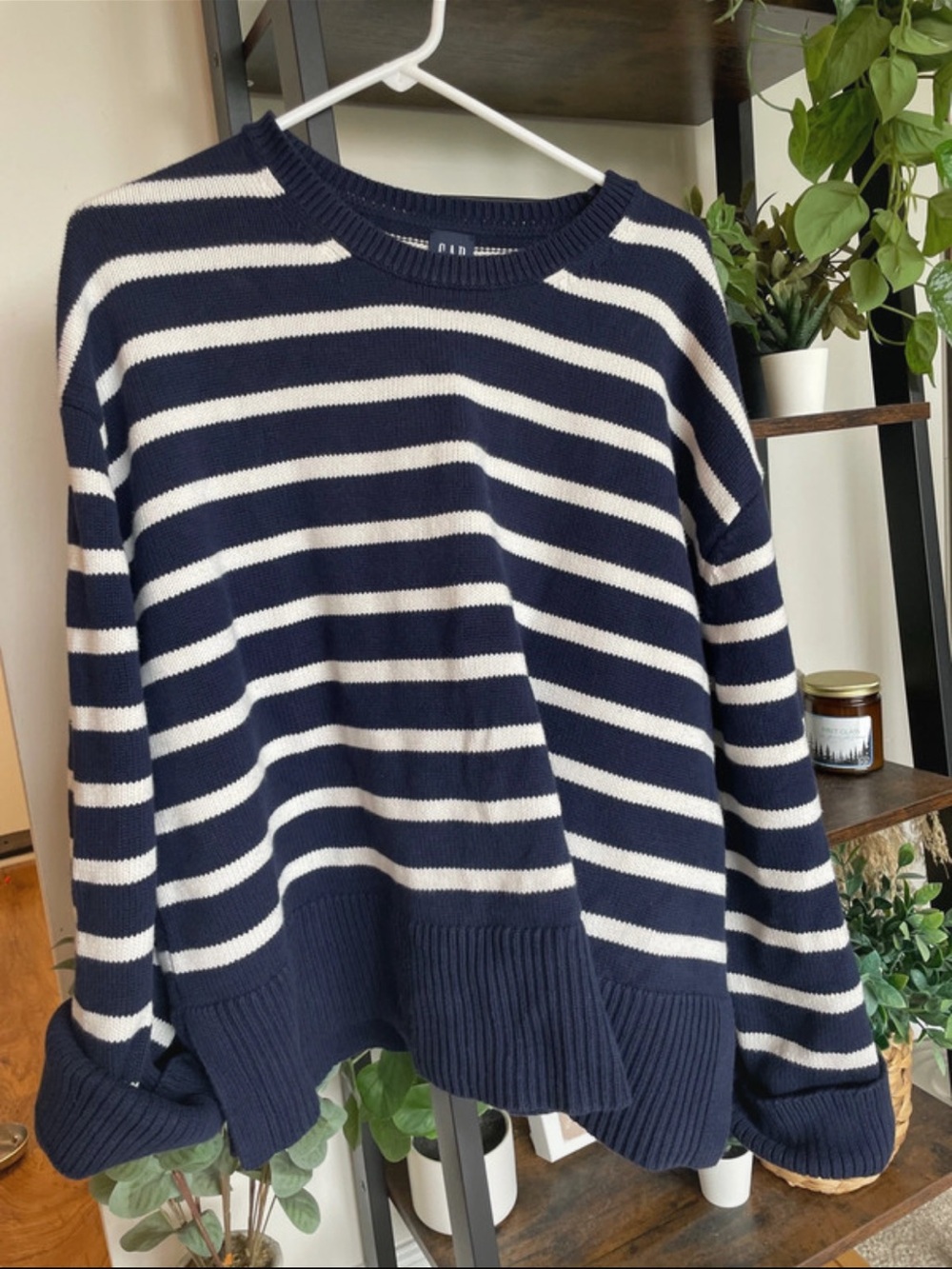GAP Navy and White Striped Crewneck Sweater